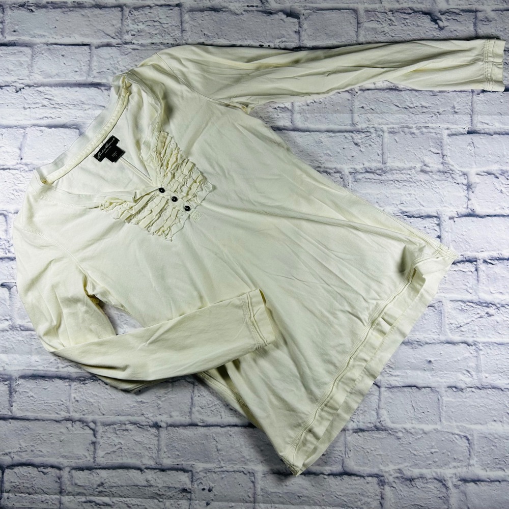 Eddie Bauer Womens Ivory Ruffle Bib Long Sleeve Top V-Neck Cream M Feminine